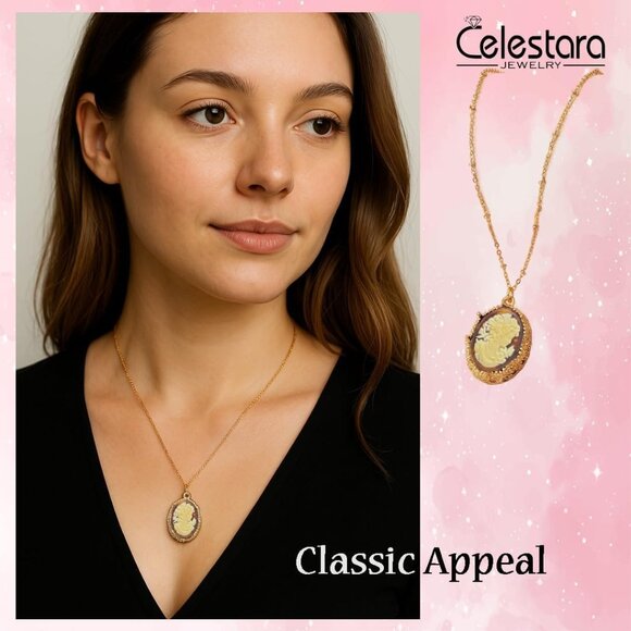 Gold-Plated Victorian Cameo Necklace Vintage Amber Pendant Bead Chain Gift Box - Picture 6 of 7